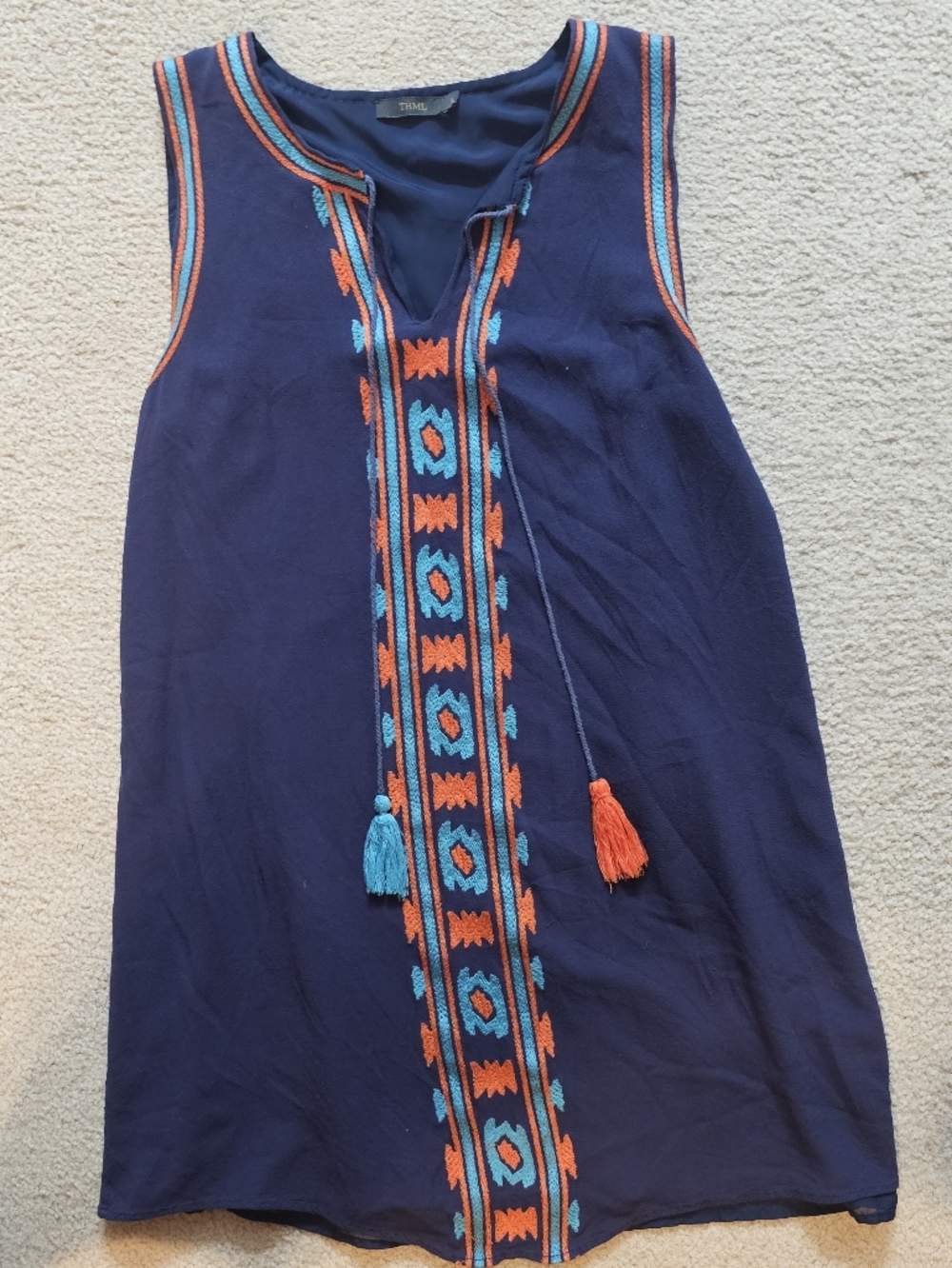 THML Navy Sleeveless Embroidered Tassel Shift Dress Size Large - Picture 5 of 9